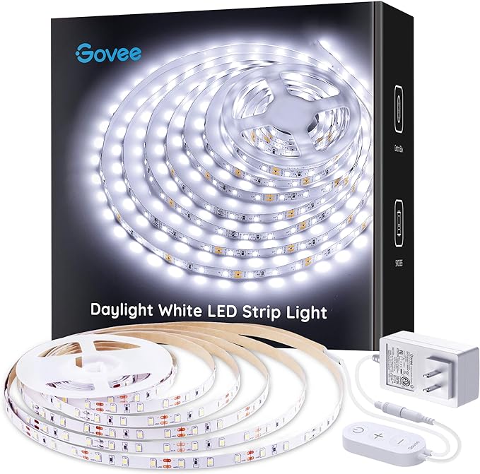 Govee White LED Strip Lights, Upgraded 16.4ft Dimmable LED Light Strip 6500K Bright Daylight White, Strong Adhesive, 300 LEDs Flexible Tape Lights for Mirror, Kitchen Cabinet, Bedroom, Christmas Decor