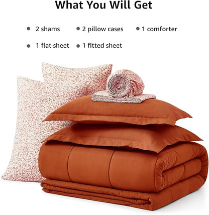 Monbix Queen Comforter Set - 7 Pieces Burnt Orange Bed in a Bag Queen Track Stitching Bedding Sets, All Seasons Down Alternative Comforter Bed Set with Sheets,Pillowcases & Shams