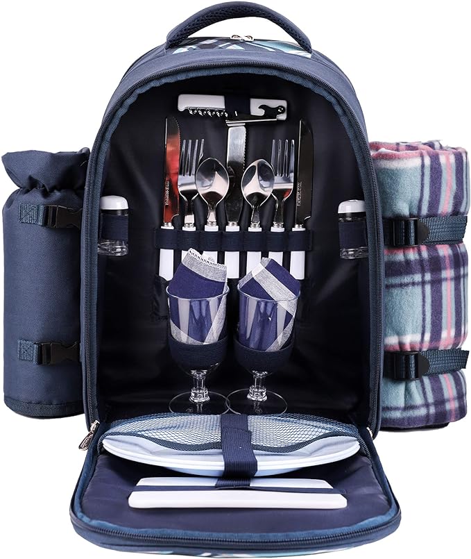 Apollo Walker Picnic Backpack Bag for 2 Person with Cooler Compartment, Detachable Bottle/Wine Holder, Fleece Blanket, Plates and Cutlery (Blue)-Mewly Pet