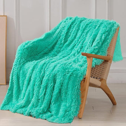 Tuddrom Decorative Extra Soft Faux Fur Blanket Queen Size 80" x 90",Solid Reversible Fuzzy Fluffy Plush Fleece Comfy Microfiber Fur Blanket for Couch Sofa Bed,Teal Blue