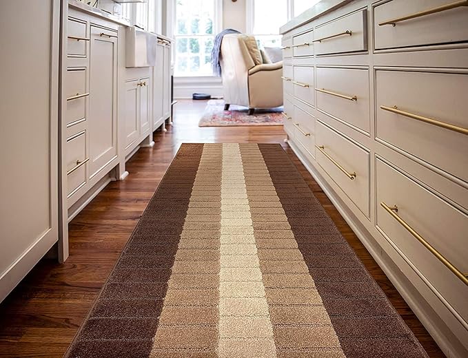 Custom Size Modern Geometric Pattern Carpet Runner Rug for Hallways, Slip Resistant Latex Rubber Backed, 31 inch Wide X Customized Length, Squares Brown, 31 inch X 16 feet