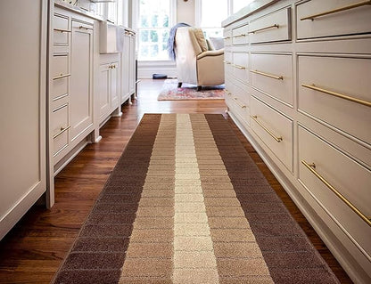 Custom Size Modern Geometric Pattern Carpet Runner Rug for Hallways, Slip Resistant Latex Rubber Backed, 31 inch Wide X Customized Length, Squares Brown, 31 inch X 27 feet