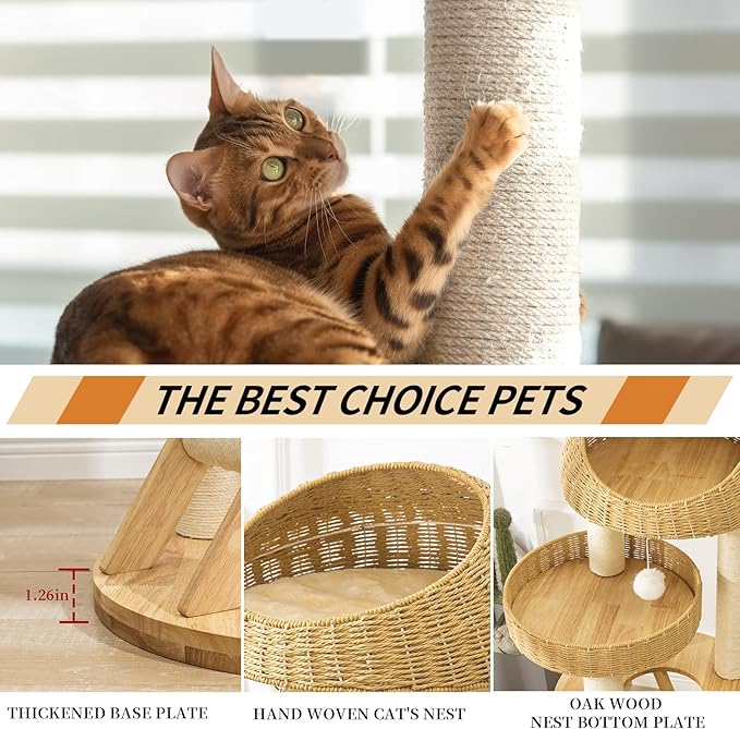 Big Modern Design Cat Tree Tower, Cat Tower Sisal-Covered Scratching Posts for Indoor Cats, Natural Oak Wood Cat Tree for Large Cats, Multi-Level Cat Condo with Sisal Staircase-Mewly Pet