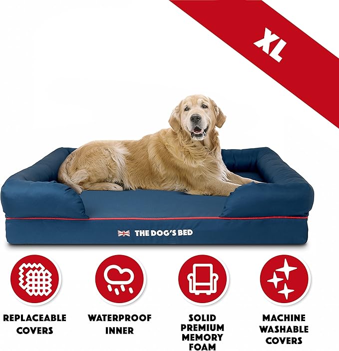 The Dog’s Bed Orthopedic Dog Bed XL Blue Oxford with Red Trim UK Flag Dog Bed 43.5x34, Memory Foam, Pain Relief: Arthritis, Post Surgery, Lameness, Veterinary Approved, Waterproof Washable Cover-Mewly Pet