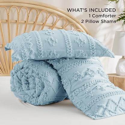 Bedsure Tufted Boho Comforter Set King Size - Dusty Blue Boho Bed Set, GentleSoft™ 3 Pieces Farmhouse Shabby Chic Embroidery Bedding, Gifts for Woman, Soft Jacquard King Comforter for All Seasons