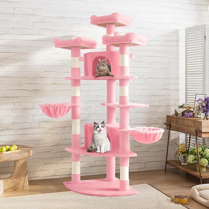 SHA CERLIN 73in Fan-Shaped Corner Cat Tower for Save Space/Multi-Level Tall Cat Tree for Indoor Kitties/Condo with Baskets/Cozy Perches/Sisal Scratching Posts/Pet Activity House/Pink-Mewly Pet