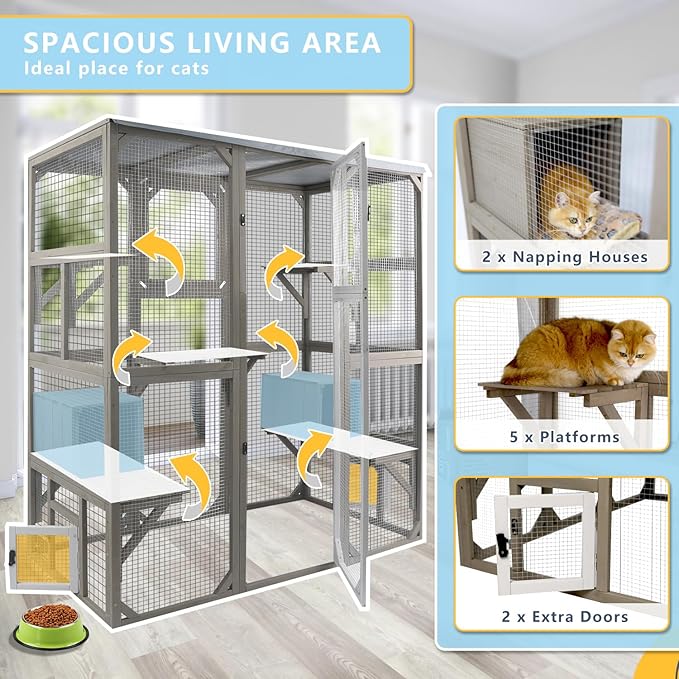 Catio Outdoor Cat Enclosure Large Window Cat House Walk in Kitty Cage with Multi-Level Platforms, Waterproof Roof for Mulitiple Cats (59" L x 29.5" W x 67.7" H)-Mewly Pet