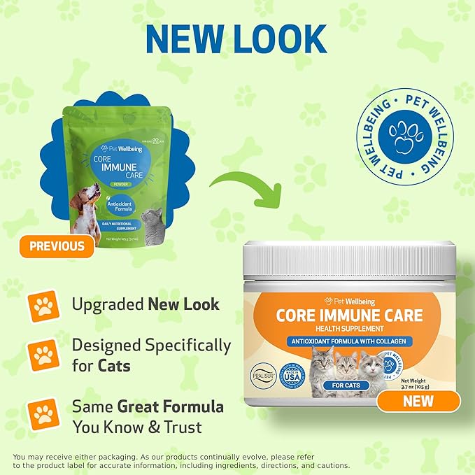 Pet Wellbeing Core Immune Care for Cats of All Ages - Daily Antioxidants, Immune Support, Collagen, Glutathione, Vitamin E - Veterinarian-Formulated Holistic Supplement 3.7 oz (105 g) Powder-Mewly Pet