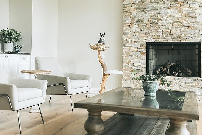 Wooden Cat Climbing Tree Tower, Modern Single Branch Cat Condo, Wood, Cat Lover Furniture Gift by MAU LIFESTYLE (Alpine White)-Mewly Pet