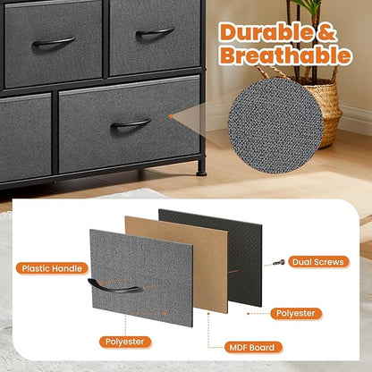 Sweetcrispy Dresser for Bedroom with 5 Storage Drawers, Fabric Storage Tower Organizer, Chest of Drawers with Metal Frame Wooden Top for Closet, Living Room, Entryway, Grey