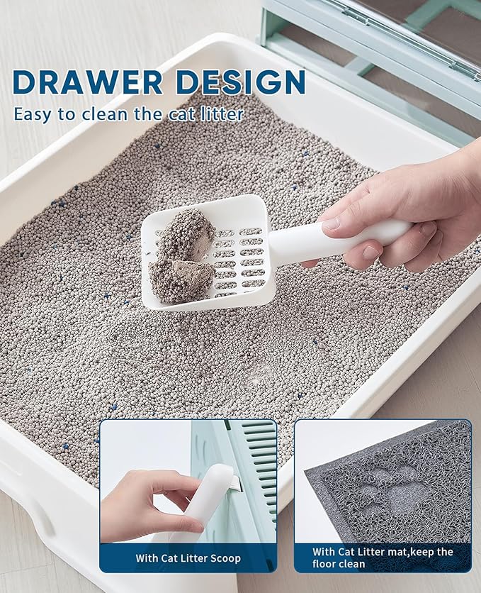 Cat Litter Box with Litter Mat and Scoop, Large Foldable Litter Box with Lid, Front Entry Top Exit Kitty Box, Odor Control, Easy to Clean (Blue)-Mewly Pet