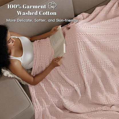 PHF 100% Cotton Waffle Weave Blanket Twin Size for Bed, Soft Lightweight & Breathable, All-Season Comfort, Luxury Aesthetic Woven Bedding for Home Decor, 66"x90", Pink/Mauve