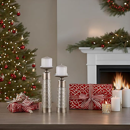 Creative Scents Dublin Silver Decorative Candle Holder Set of 2 - Home Decor Pillar Candle Stand, Coffee Table Mantle Decor centerpieces for Fireplace, Living or Dining Room Table, Gift Boxed