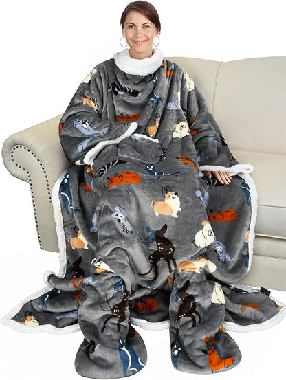 Catalonia Sherpa Wearable Blanket with Sleeves & Foot Pockets for Adult Women Men, Comfy Snuggly Wrap Sleeved Throw Blanket Robe, Gift Idea