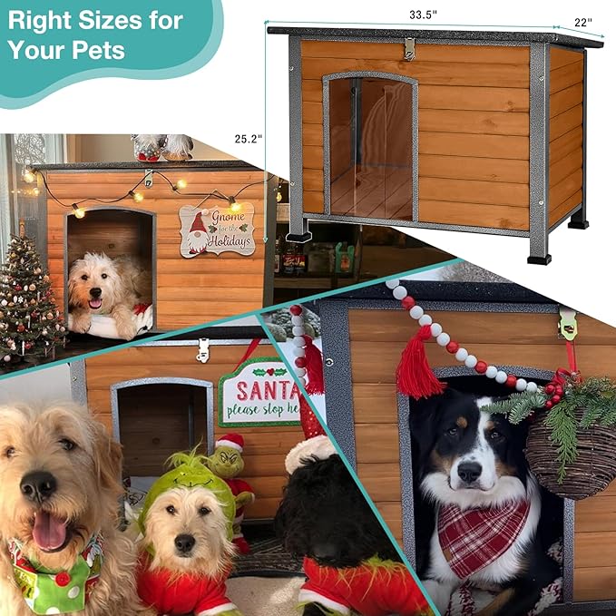 Indoor Outdoor Dog House,Anti-Chewing Iron Frame Dog Kennel,Wood Warm Pets Home,Weatherproof Outside Shelter for Feral Animal 33.5" (L) X 22" (W) X 25.2" (H) Brown-Mewly Pet