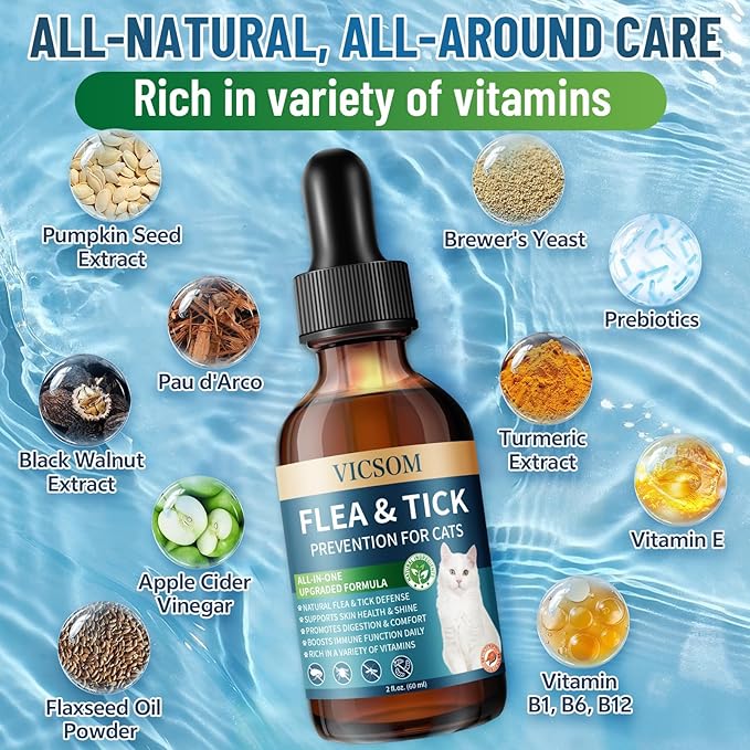 Natural Flea and Tick Prevention for Cats, Herbal Cat Flea and Tick Treatment Support Drops Flea Support with Prebiotics Probiotics for Cats Kitten - Ideal for Sensitive Cat - Salmon Flavor-Mewly Pet