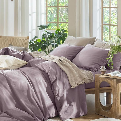 MooMee Bedding Duvet Cover Set 100% Washed Cotton Linen Like Textured Breathable Durable Soft Comfy (Solid Taro Purple, Alaska King 132"x120")