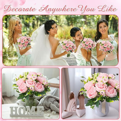 Geosar 2 Bundles Artificial Peonies Flowers Fake Silk Peony Bouquet Faux Peonies Flowers Bulk for Decoration Vase Floral Arrangements Wedding Party Table (Pink)