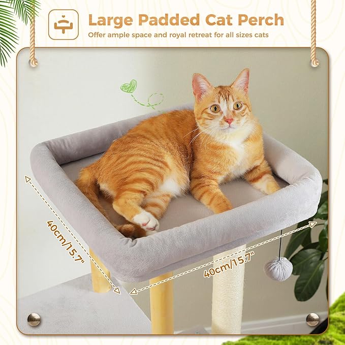 PAWZ Road Large Cat Tree, 53 Inches Modern Wooden Cat Tower for Indoor Cats, Multi-Level Cat Condos with Long Scratching Posts and Natural Wood Posts，Gray