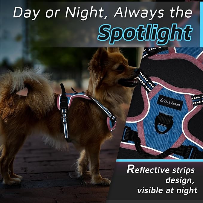 Eagloo Small Dog Harness No Pull, Service Vest with Reflective Strips and Control Handle, Adjustable and Comfortable for Walking, No Choke Pet Harness with 2 Metal Rings, Pink & Blue, XS-Mewly Pet