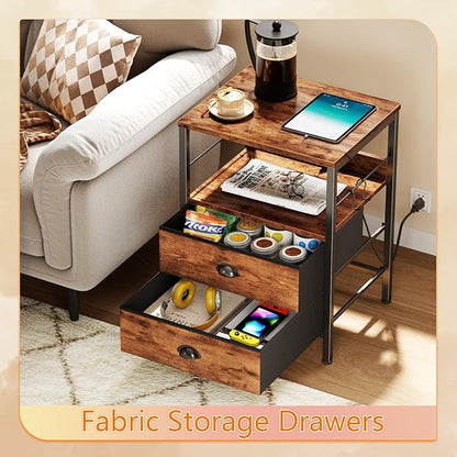 Furologee Night Stand with Charging Station, Bedside Table with Fabric Drawers, End Table with USB Ports & Outlets, Rustic Nightstand with Storage Shelf & Hooks, for Living Room/Bedroom, Rustic Brown
