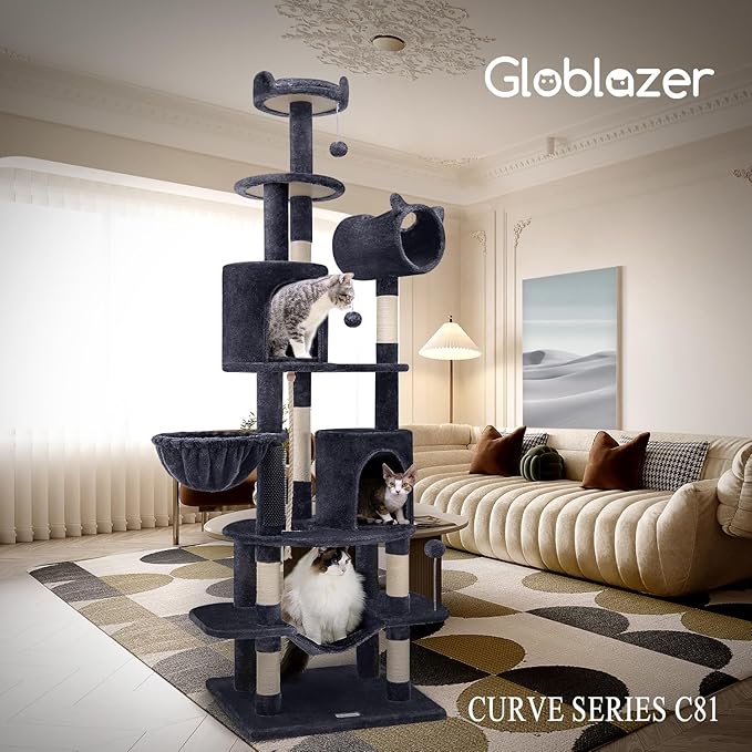 Globlazer Artistic Curved Cat Tower for Small Cats (Under 12 lbs), 81-inch Slim Design Cat Tree with Space-Saving Design, Indoor Cat Condo with Hammock & Tunnel, C81, Dark Gray, Non-Large Cats-Mewly Pet