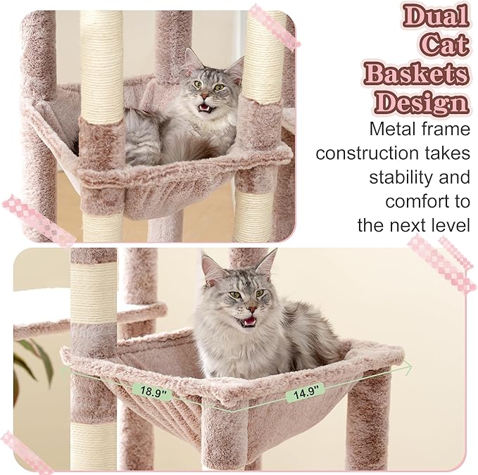 Heybly Heavy Duty Cat Tree, 71-Inch Tall Tower for Large Maine Coon with Extra-Large Baseboard, Cat Condo Furniture with Multi-Level Platforms, 2 Hammocks and 12 Scratching Posts, Muchroom HCT037MU-Mewly Pet