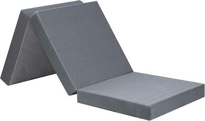 Olee Sleep Tri-Folding Memory Foam Mattress Topper, 4 Inch Gel Folding Mattress for Camping, Foldable Guest Bed, Washable Cover, CertiPUR-US Certified, Soft, Grey, Single Size