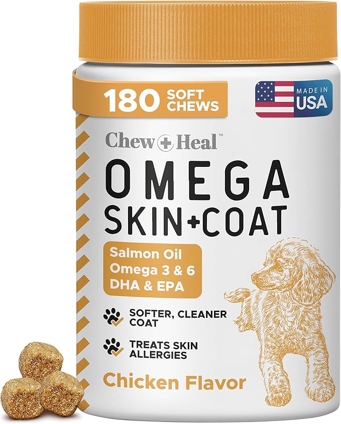 Salmon Oil for Dogs - 180 Soft Chew Omega Treats for Skin and Coat - Fish Oil Blend of Essential Fatty Acids, Omega 3 and 6, Vitamins, Antioxidants and Minerals - Made in USA-Mewly Pet