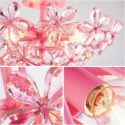 WUZUPS Crystal Chandelier Flushmount Ceiling Light Modern Lighting Fixture for Bedroom Hallway Bar Kitchen Bathroom, H 8.9" x W 17.7", Pink, E12 Base