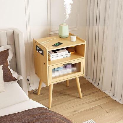 Mid Century Modern Nightstand with Charging Station, Bedside Tables with Glass Drawer, End Table Side Table with 2 Tiers Storage Space, for Bedroom, Living Room, Natural