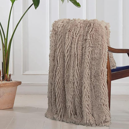 Tuddrom Decorative Extra Soft Faux Fur Throw Blanket 70"x78",Solid Reversible Fuzzy Lightweight Long Hair Shaggy Blanket,Fluffy Cozy Plush Fleece Comfy Microfiber Blanket for Couch Sofa Bed,Khaki