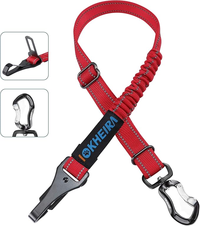 IOKHEIRA Dog Seatbelt, Updated Dog Seat Belt, Reflective Bungee Dog Car Harness, Multifunctional Pet Safety Belt with Hook Latch & Seatbelt Buckle, Swivel Aluminum Carabiner, Red-Mewly Pet