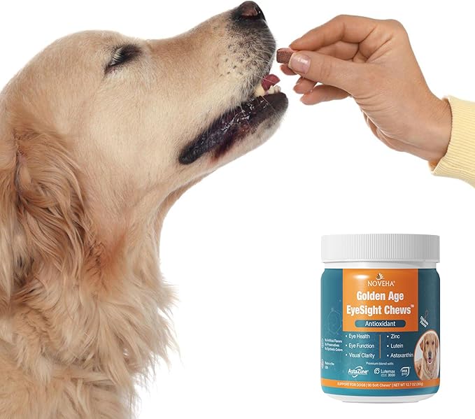 NOVEHA Eye Supplement for Dogs - Vision Support with Lutein + Vitamin C & Astaxanthin Antioxidants - Dog Vitamins for Eyes + Fish Oil for Omega 3 EPA - Made in USA - 90 Soft Chews (3 Pack)-Mewly Pet