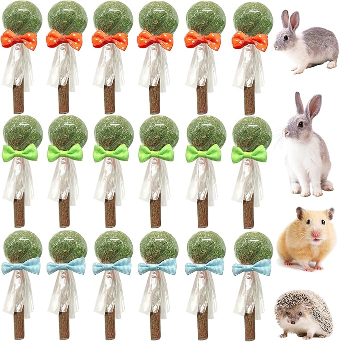 18-Pack Natural Alfalfa & Apple Wood Chew Lollipops for Small Pets - Healthy Dental Toys for Hamsters, Rabbits, Guinea Pigs, Chinchillas-Mewly Pet