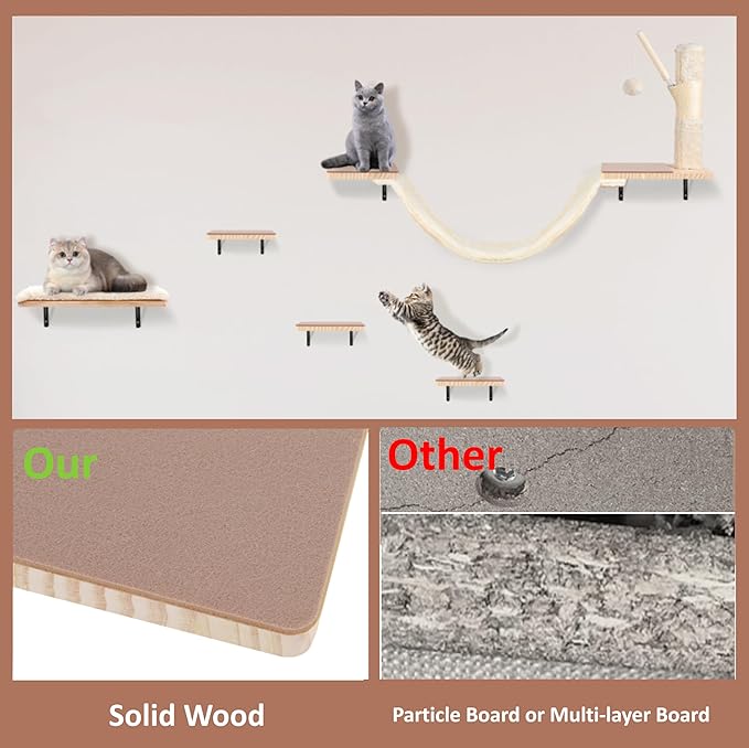 Wall Mounted Cat Climber Set, Cat Wall Shelves,Cat Wall Furniture Set,with Hammock,Jumping Boards,Sofa,Steps,Scratching Post,Hanging Ball and Felt Pads, Suit for Cats Climb, Jump,Scratch-Beige-Mewly Pet