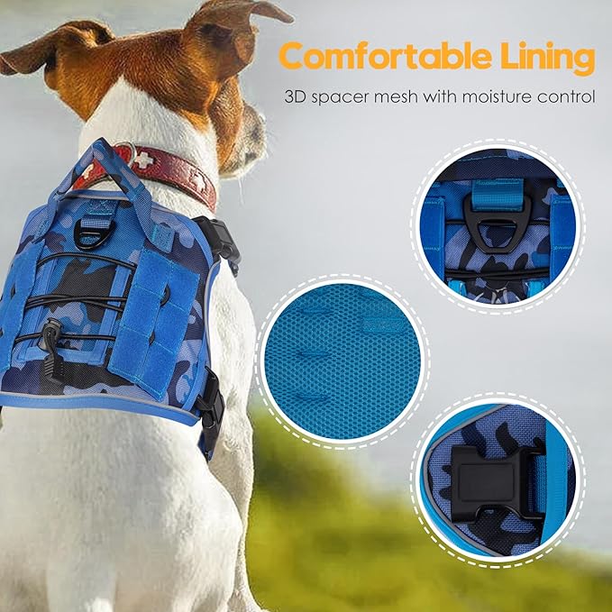 Heavy-Duty Tactical Dog Harness for Large Dogs, No Pull Adjustable Reflective Pet Vest with Molle System, K9 Military-Grade Control for Service Training, Outdoor & 10+ Breeds, Blue Camo, Small-Mewly Pet