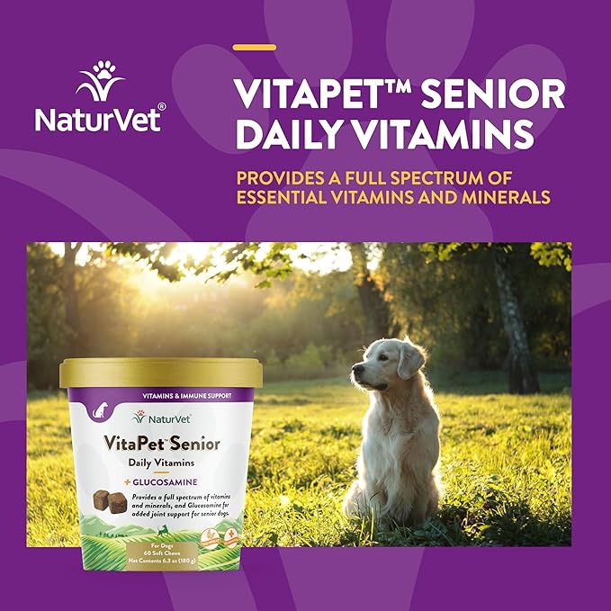 NaturVet VitaPet Senior Daily Vitamins Plus Glucosamine for Dogs, 60 ct Soft Chews, Made in The USA with Globally Source Ingredients-Mewly Pet