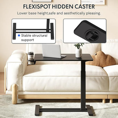 FLEXISPOT H7 Adjustable Overbed Bedside Table with Wheels Pneumatic Mobile Standing Desk Laptop Desk Rolling Computer Cart Movable Overbed Table Hospital Home Use(31.5" W x 17.7" D, Black Large)