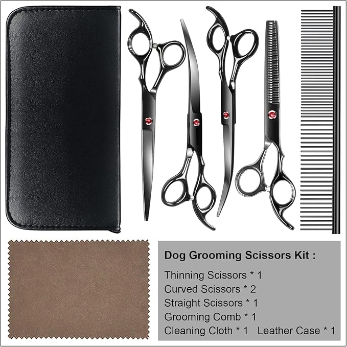Professional Dog Grooming Scissors Kit Black 6 in 1, Dog Shears for Grooming 6CR Premium Stainless Steel Grooming Scissors Kit for Dogs Cat Pet-Mewly Pet