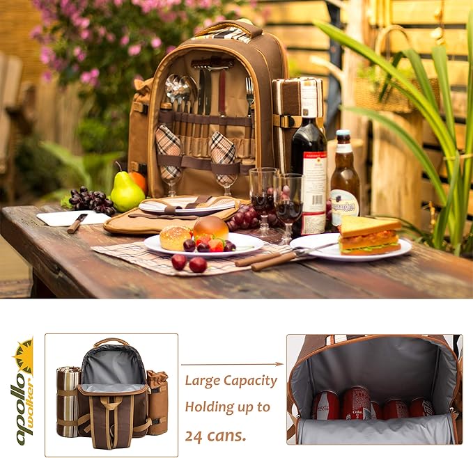 Apollo Walker Picnic Backpack Bag for 4 Person with Cooler Compartment,Wine Bag, Picnic Blanket(45"x53"),Best for Family and Lovers Gifts (Brown)-Mewly Pet
