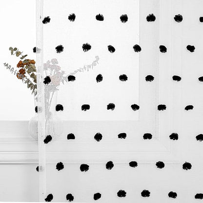 MYSKY HOME 45 Inches Black Pom Pom Sheer Curtains, 2 Panels, 52"W x 45"L, Bedroom, Kitchen, Nursery Room, Rod Pocket, Modern, Unisex, Halloween, Art, Polyester, Sheer, 2 Count