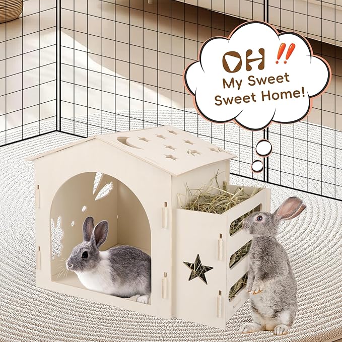 Extra Large Rabbit House & Rabbit Hay Feeder, Indoor Bunny Hideout with Feeder, Small Animal Houses & Habitats and Guinea Pig Hay Feeder-Mewly Pet