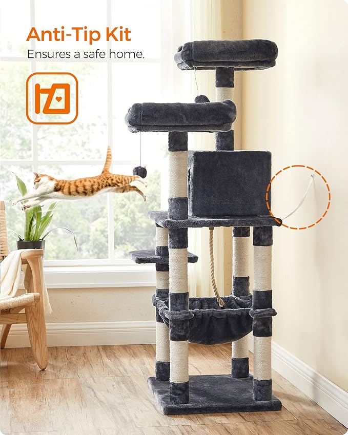 FEANDREA Cat Tree, Cat Tower for Indoor Cats, 56.3-Inch Cat Condo with Scratching Posts, Hammock, Plush Perch, Smoky Gray UPCT15GYZ-Mewly Pet