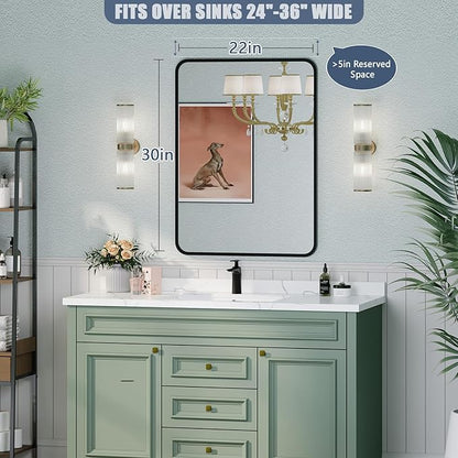 Black Bathroom Mirror for Over Sink - 22×30 Rectangle Bathroom Vanity Mirror Wall Mounted with Matte Aluminum Frame & Rounded Corners, Shatterproof Tempered-Glass, Horizontal/Vertical
