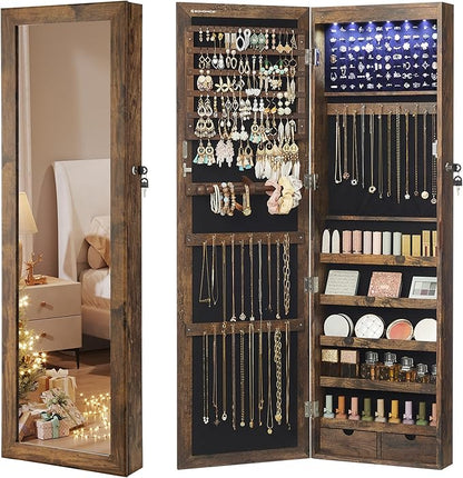 SONGMICS 6 LEDs Mirror Jewelry Cabinet, 47.2-Inch Tall Lockable Wall or Door Mounted Jewelry Armoire Organizer with Mirror, 2 Drawers, Christmas Gift, 3.9 x 14.6 x 47.2 Inches, Rustic Brown
