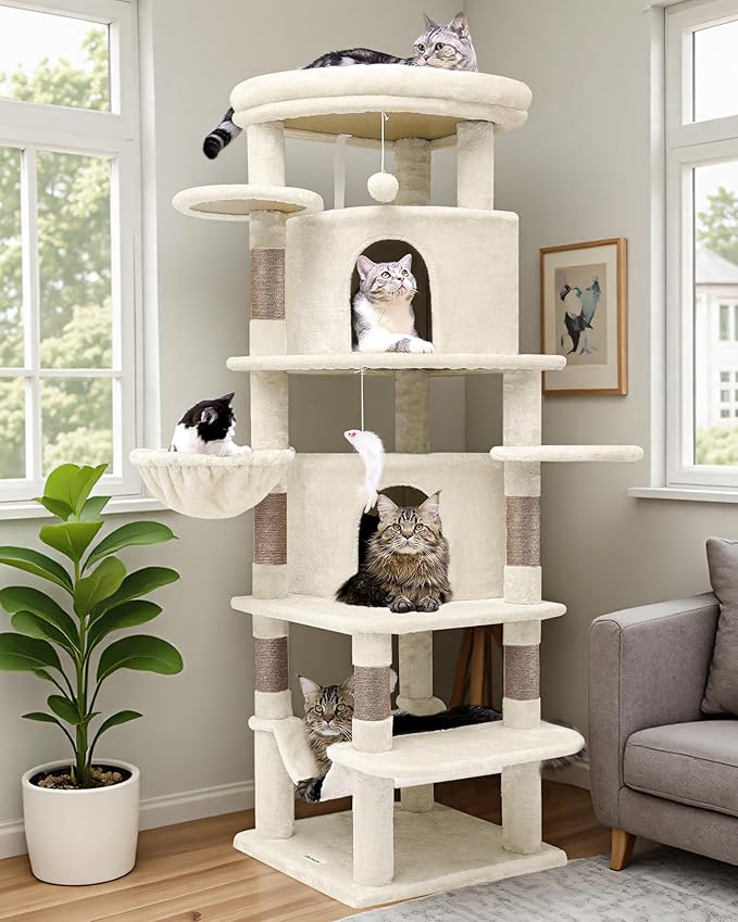 Globlazer Corner Cat Tree Tower for Large Cat, 66inch Tall Large Cat Tree Condo for Multiple Indoor Cats with 6 Scratching Posts, 2 Spacious Cat Condos, Soft Hammock, Hanging Basket, C66, Light Beige-Mewly Pet