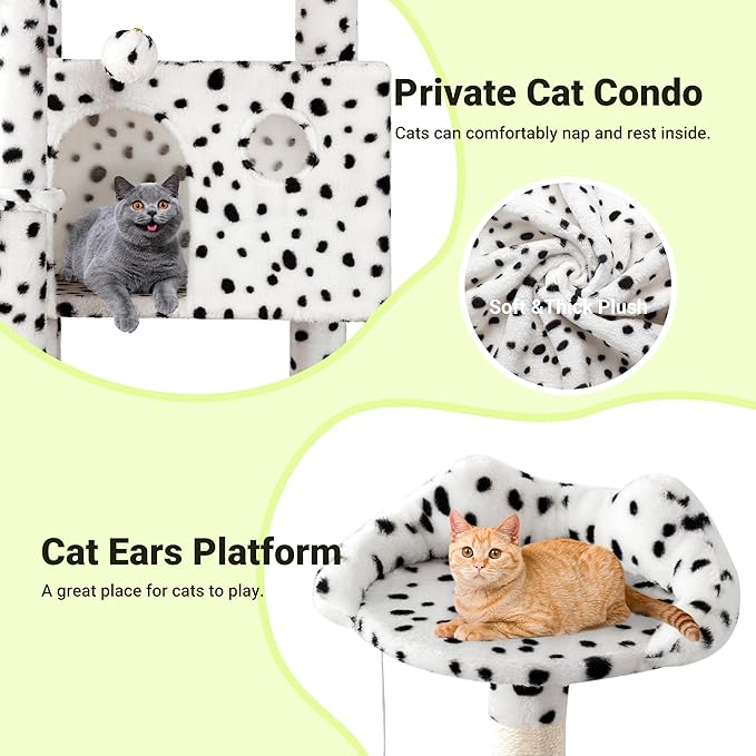 Allewie 64 Inches Cat Tree Tower/Multi-Level Activity Center for Indoor Big Felines/2 Plush Condos/2 Perchs/Basket/House/Sisal Scratching Posts/Hanging Cat Toys/White & Black Spot-Mewly Pet