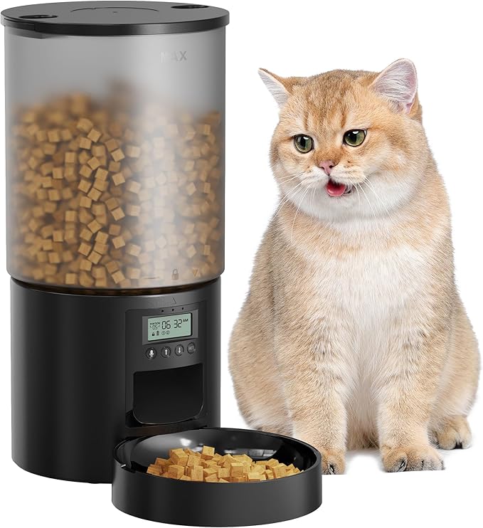 Automatic Cat Feeder Food Dispenser: 6L Timed Small Dog Dry Food Dispenser with 10s Voice - Distributeur Nourriture Chat Hund Programmable - Auto Pet Feeder with 1-6 Meals Black-Mewly Pet