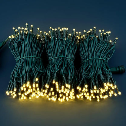 YULETIME 100 ft 300 Count Warm White LED String Lights with 8 Models Adapter, Green Wire Wide Angle 5mm Christmas Lights (Warm White - Green Wire)